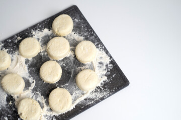 Cottage cheese, syrniki, pastries, cooking. Concept of nutritious and healthy breakfast.