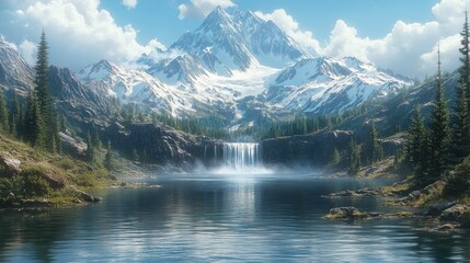 Fototapeta premium Majestic mountain waterfall serene lake, background idyllic forest, travel poster
