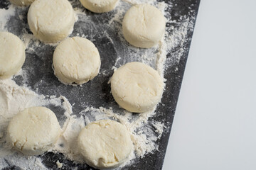 Cottage cheese, syrniki, pastries, cooking. Concept of nutritious and healthy breakfast.