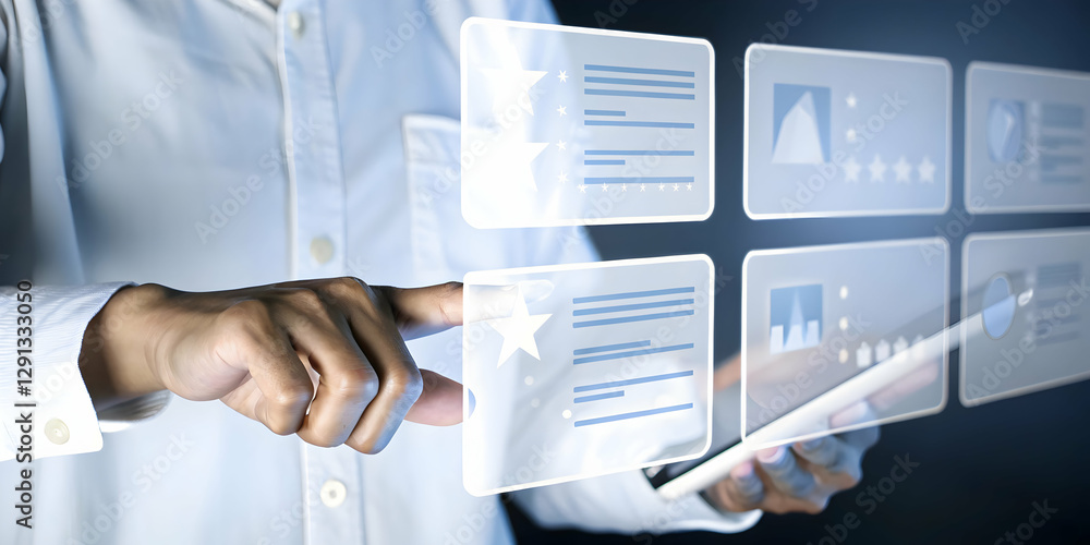 Poster hand operating holographic device showcasing evaluation methods overview with empty space background