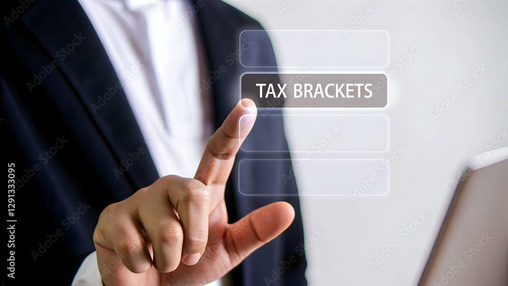 Poster hand operating holographic device to explain tax brackets: visualizing income levels and rates with 
