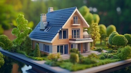 Detailed architectural miniature of a two-story house with a blue roof surrounded by lush greenery