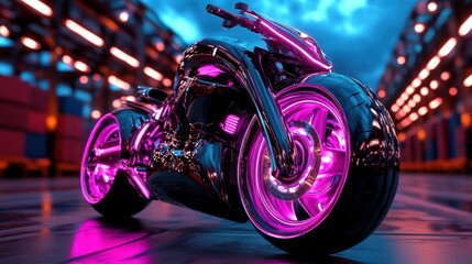 This image features a futuristic motorcycle adorned with striking neon lights, creating a vivid and dynamic aesthetic that captures the essence of modern design and innovation.