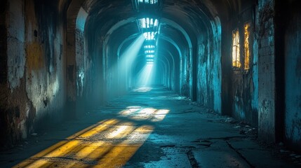 Naklejka premium Sunbeams in derelict tunnel, arched hallway, urban exploration, mystery
