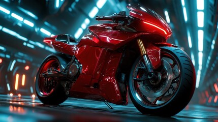 The futuristic design of this red motorcycle is highlighted by glowing elements, set against a vibrant neon background that evokes excitement and technological advancement.