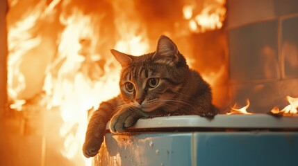 A dramatic and surreal scene of a cat lying calmly amid a chaotic background of flames, presenting a compelling contrast between tranquility and turmoil.