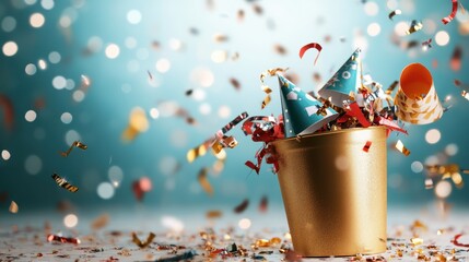 A delightful bucket spills colorful party supplies and confetti, symbolizing festivities and creating an atmosphere of joy and excitement that invites celebrating special moments together.