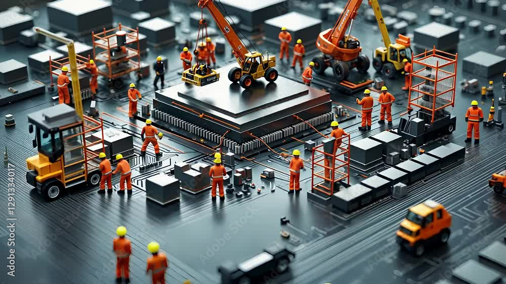 Poster futuristic technology construction concept with engineers building a microchip on a high-tech circui