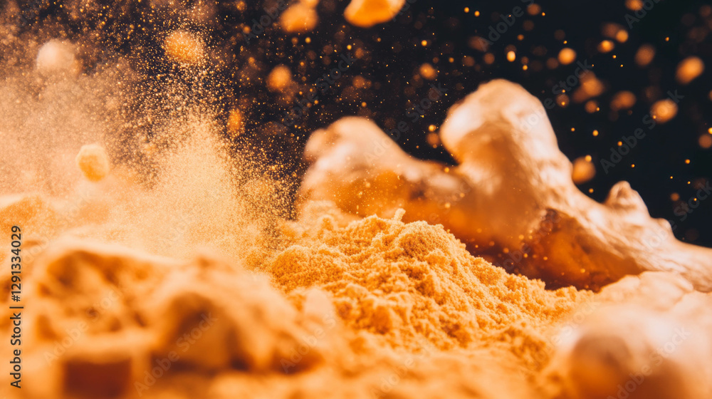 Aufkleber dynamic background of falling ginger powder with textured detail for design