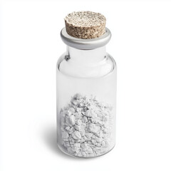 Rare earth minerals industry. Elements mining energy. Clip art. Ultra-realistic Yttrium oxide powder in a glass vial.