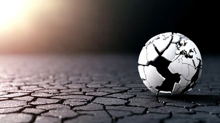 Global and Economic concept. A cracked globe rests on a dry, cracked surface, symbolizing environmental issues and climate change.