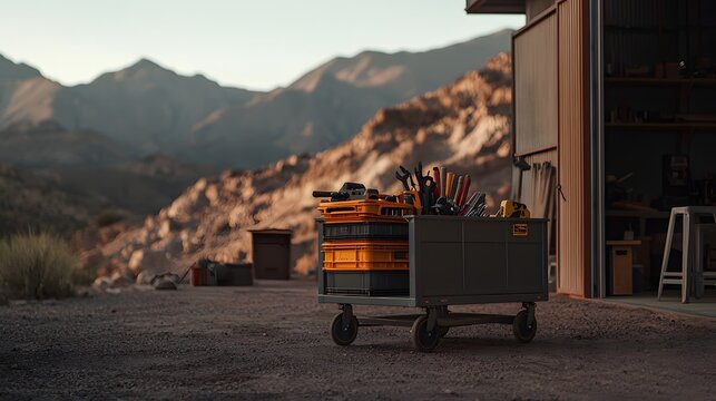 Freshly Painted Industrial Trolley Stacked with Tools and Equipment Against a Mountainous Background
