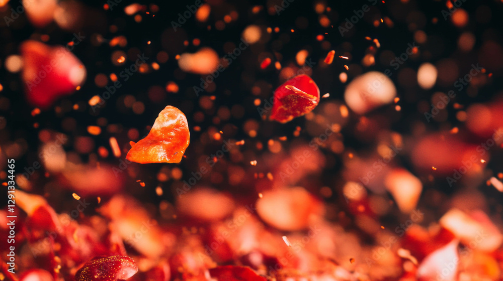 Poster Dynamic background of falling red chili flakes against a dark abstract backdrop