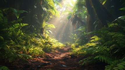Fototapeta premium Sunlit Jungle Path, Lush Foliage, Mystery, Adventure Game Background