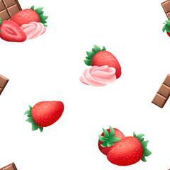 Seamless pattern of strawberries, chocolate and cream.