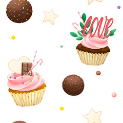 Seamless pattern of sweet chocolate cupcakes and cookies.