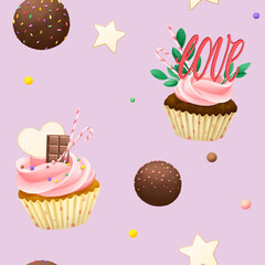 Seamless pattern of sweet chocolate cupcakes and cookies.