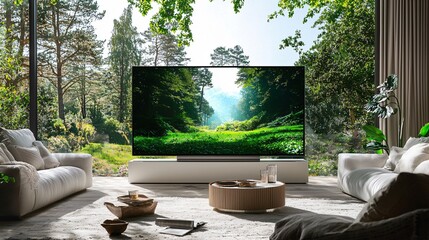Modern Living Room with Large TV Displaying Scenic Forest Landscape in Bright Sunlight