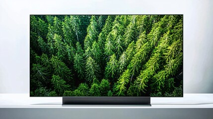 Lush Green Pine Forest Displayed on Modern Flat Screen Television in Bright Room Setting