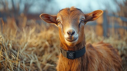 Fototapeta premium Close-up portrait of a curious goat wearing a smart collar in a rustic farmyard setting surrounded by hay