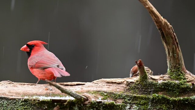 Male Cardinal and Chipping Sparrow find food on a log