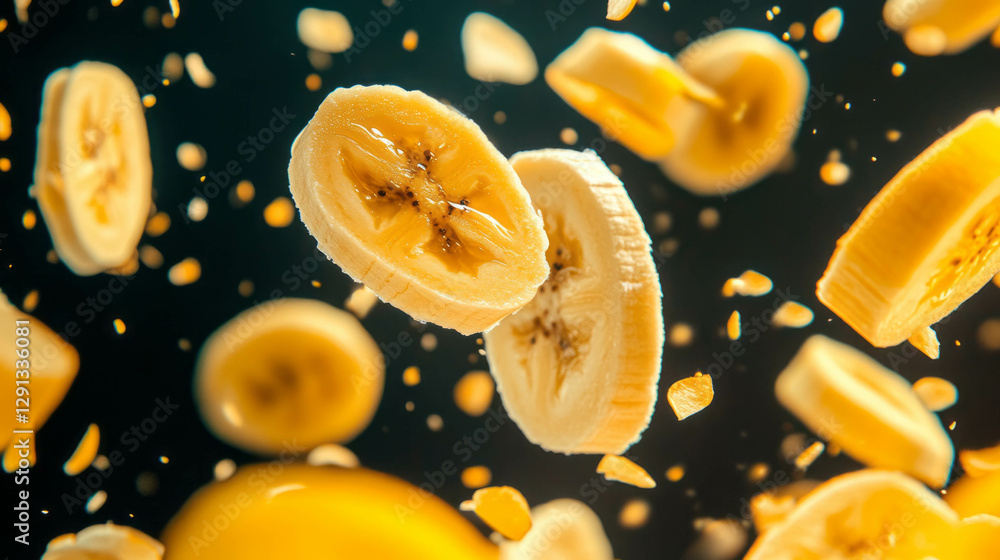 Poster dynamic background of falling sliced bananas for tropical fruit theme