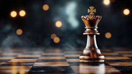 This image emphasizes a wooden chess king piece placed against a dark backdrop, drawing attention to its powerful stature and artistic features, inviting chess enthusiasts.