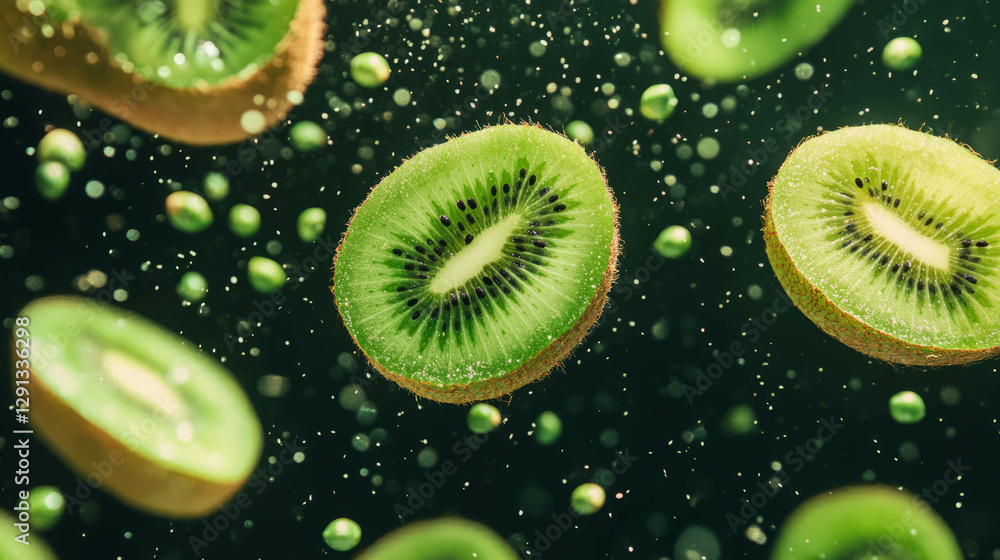 Poster vibrant background of falling sliced kiwis in dynamic green theme for fresh and energetic design
