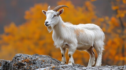 Naklejka premium A proud white goat standing atop rocky terrain, surrounded by vibrant autumn foliage creating a stunning natural backdrop.