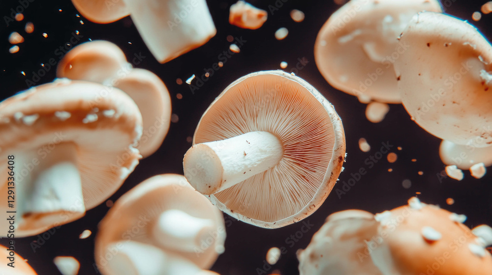 Aufkleber Dynamic display of falling sliced mushrooms on dark background for culinary design