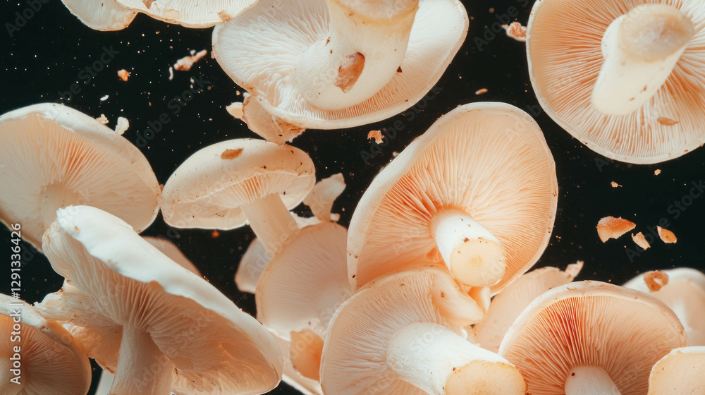 Aufkleber Dynamic background of falling sliced mushrooms in motion for creative design