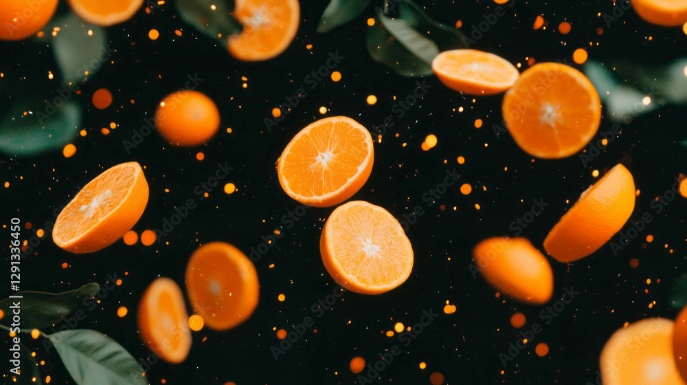 Poster fresh citrus burst with falling sliced oranges and bright splashes for vibrant design