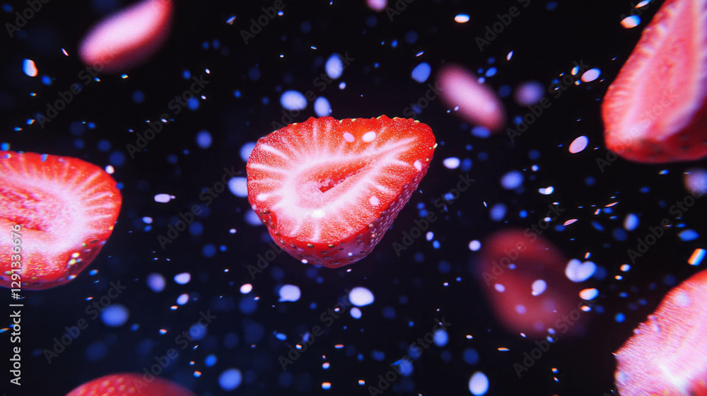 Aufkleber Dynamic background of falling sliced strawberries with soft textures for fresh design concepts