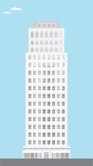 classic vintage tall skyscraper skyline with grey color tone and windows on blue sky background and reflect mirror