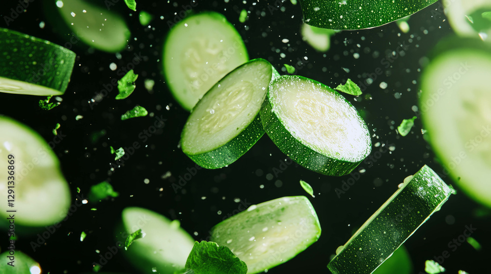 Poster Dynamic composition of falling sliced zucchini with green elements