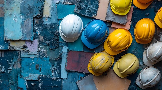 Assorted colorful hard hats piled on a surface. Workplace safety theme,


