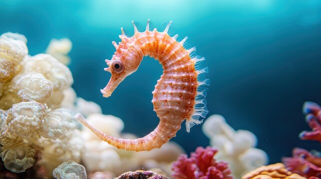 In this captivating image, a curious seahorse enjoys its surroundings in a lush coral landscape, revealing the stunning diversity and vibrant life beneath the waves.