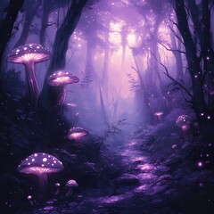 Fototapeta premium Magical Glowing Purple Forest Path Fantasy Illustration with Mushrooms