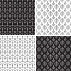Indian black white floral block print seamless vector patterns