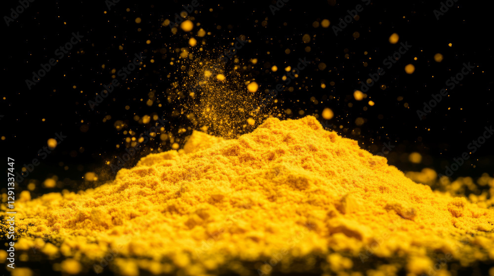 Poster dynamic background of falling yellow mustard powder particles for culinary art and design