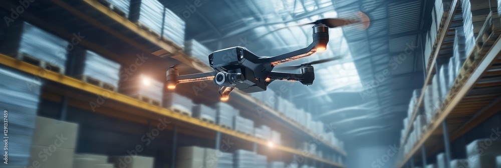 Poster advanced drones are optimizing inventory management in smart warehouses, enhancing logistics and ope