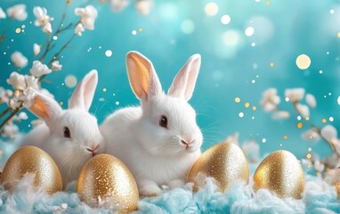 Bright cyan with fluffy pastel clouds and golden Easter bunnies Easter