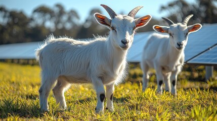 Naklejka premium Two playful goats exploring a sunny field with solar panels, showcasing sustainable farming practices and wildlife interaction