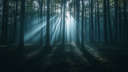 Fototapeta premium Sunbeams shining through tall trees of the forest dark