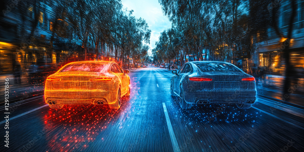 Poster futuristic cars showcasing advanced vehicle operating systems and data communication in dynamic urba