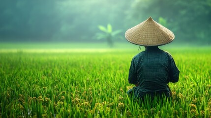 Woman relaxing in a vibrant field of green grass wearing a stylish straw hat, embracing natures beauty