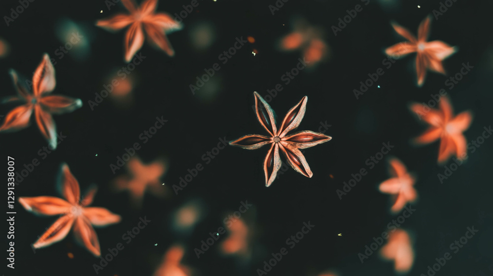 Poster aromatic background with floating star anise for culinary design and aromatherapy concepts