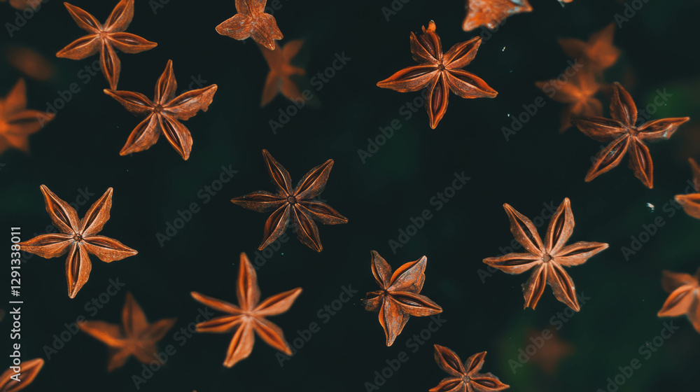 Poster floating star anise on dark background - aromatic spice concept for culinary and design projects