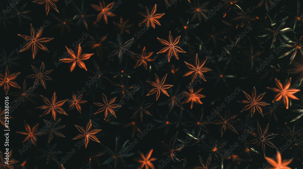 Poster aromatic pattern of floating dark brown star anise on black background for culinary and graphic desi