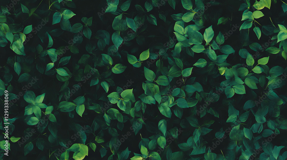 Poster lush green ivy leaves floating on dark background for natural design concepts